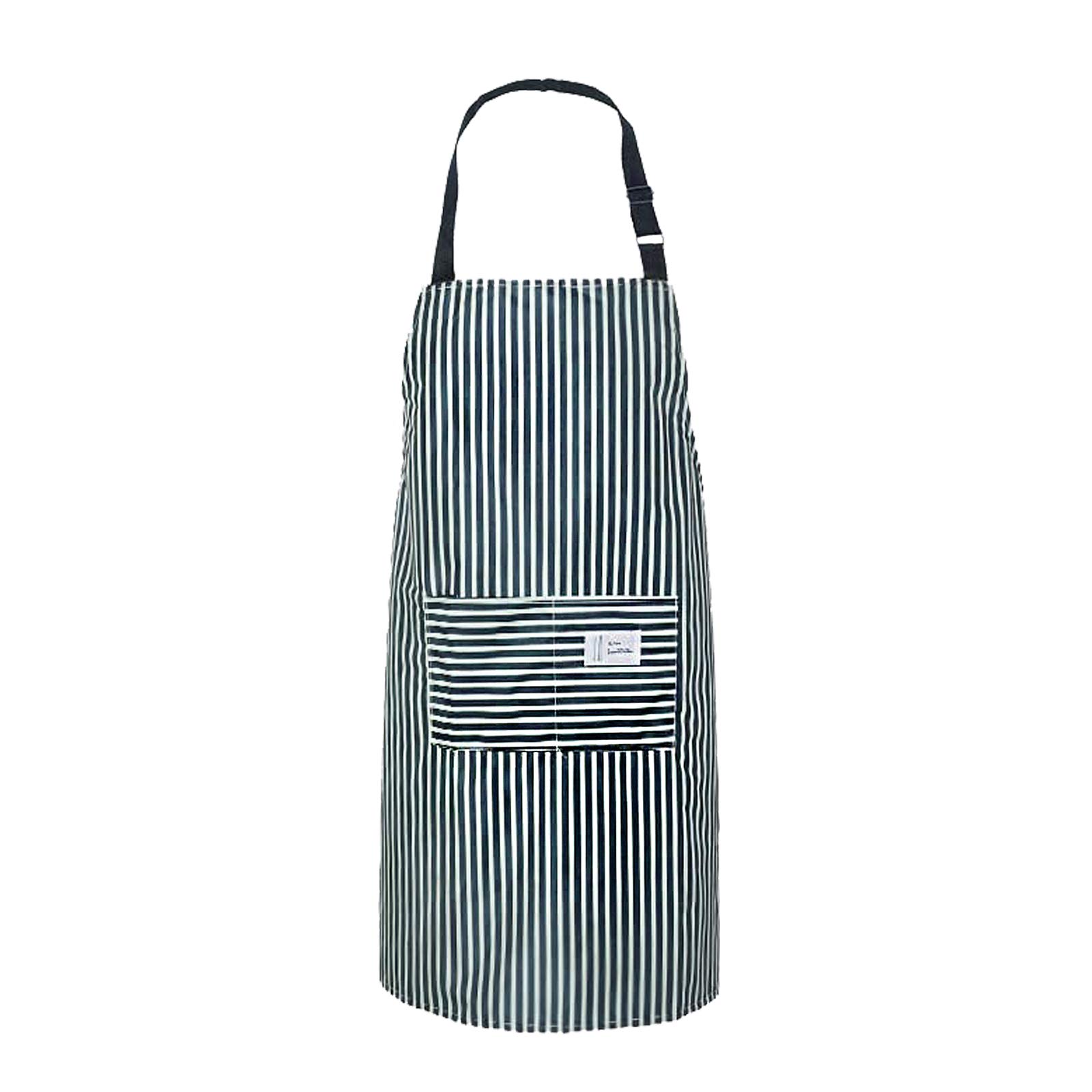 Waterproof Vinyl Kitchen Apron with Pockets - Wipe Clean Blue Stripe Pinafore Apron for Women & Men - Adult Dishwashing