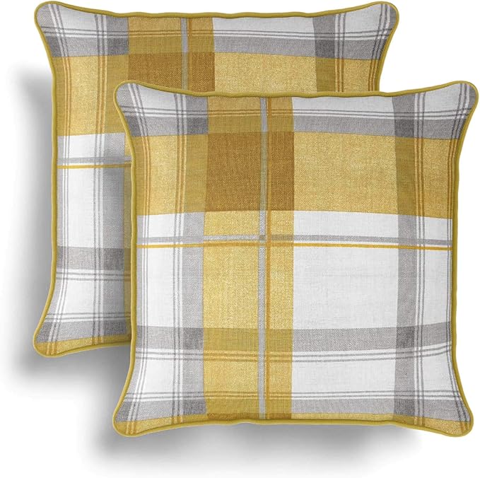 IT IDEAL TEXTILES Set of 2 Ochre Tartan Cushion Covers, Pair of Yellow