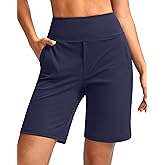 SANTINY Women's 9" High Waisted Bermuda Shorts with 4 Pockets Knee Length Long Shorts for Women Workout Athletic Casual