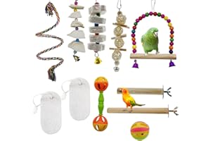 KHANOQQ 11 PCS Parrot Chew Stone Toy Cuttlebone, Bird Swing Perch Rope Forage Ball Toy, Bird Beak Trimmer Rattan Ball with Bell, Full Set Bird Toy for Parakeets Cockatiel Bugdie Conures Love Bird and More