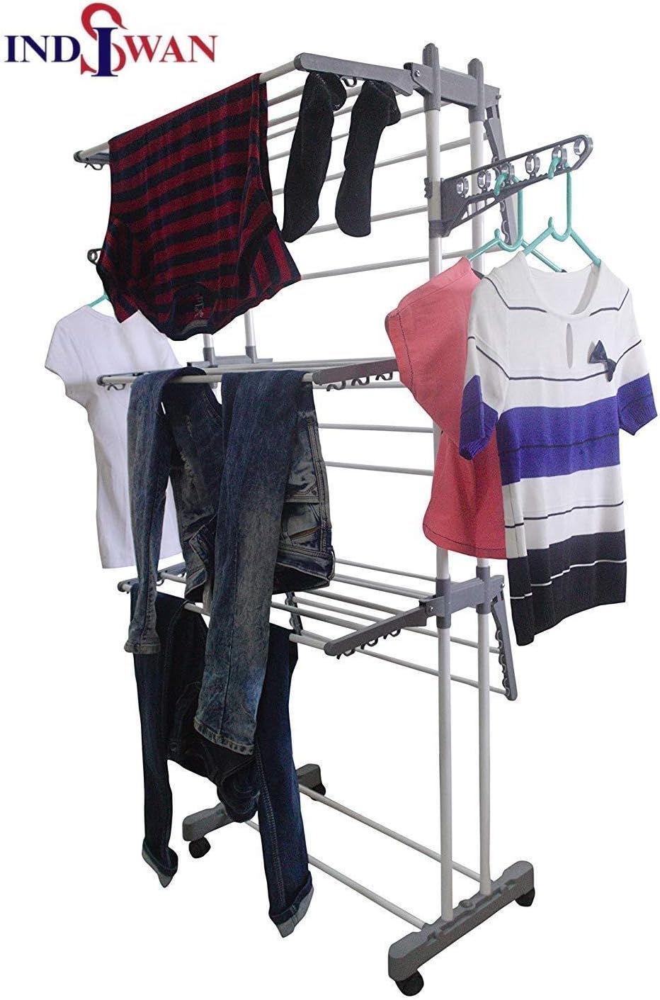 INDISWAN™ Wall Mounting Foldable Clothes & Towel Drying Rack Cum Hanger Stainless Steel (Drying Rack 3 Layer - Gray & White)