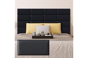 Raycity Peel and Stick Headboard Black Upholstered Wall Panels, Pack of 12 Panels Sized 7.8" x 15.7", 3D Anti-Collision Wall Panel, Self-Adhesive Bedroom/Living Room Upholstered Wall Pane