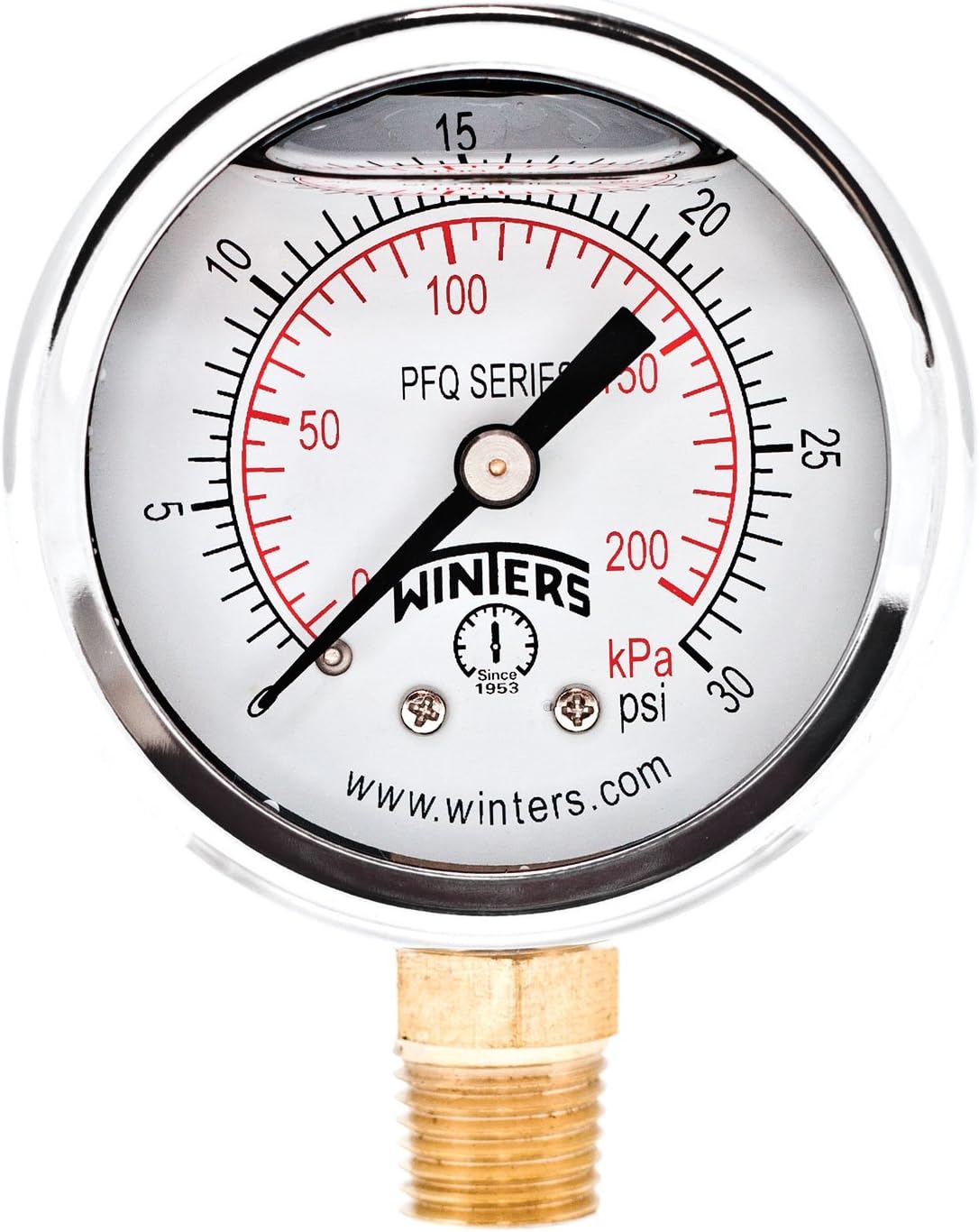 Winters PFQ Series Stainless Steel 304 Dual Scale Liquid Filled Pressure Gauge with Brass Internals, 0-30 psi/kpa, 2" Dial Display, +/-2.5% Accuracy, 1/4" NPT Bottom Mount