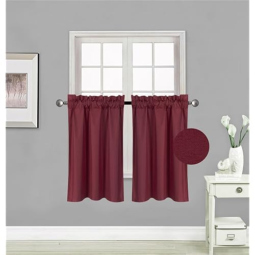 Elegant Home 2 Panels Tiers Small Window Treatment Curtain Insulated Blackout Drape Short Panel 30" W X 36" L Each for Kitchen Bathroom or Any Small Window # R5 (Burgundy)