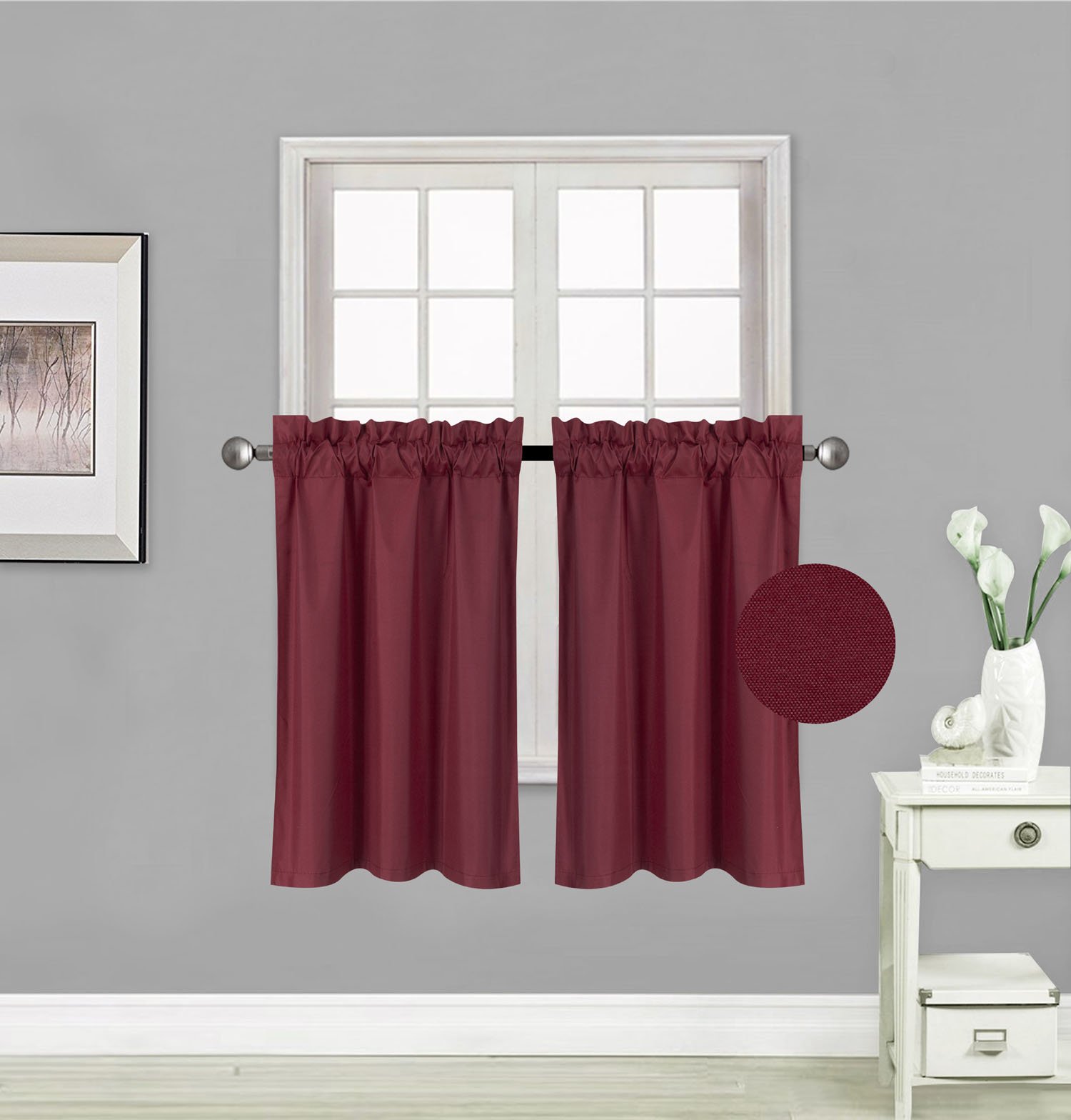 Elegant Home 2 Panels Tiers Small Window Treatment Curtain Insulated Blackout Drape Short Panel 30" W X 36" L Each for Kitchen Bathroom or Any Small Window # R5 (Burgundy)