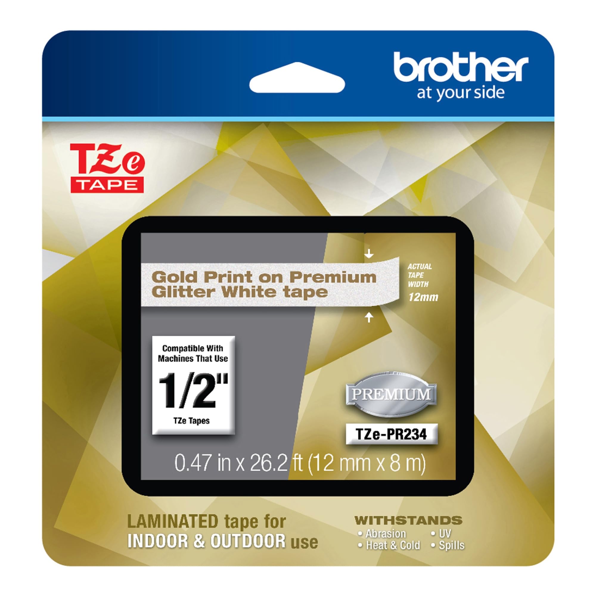 Brother P-Touch TZe-PR234 Gold Print on Premium Glitter White Laminated Tape 12mm (0.47”) Wide x 8m (26.2’) Long, TZEPR234