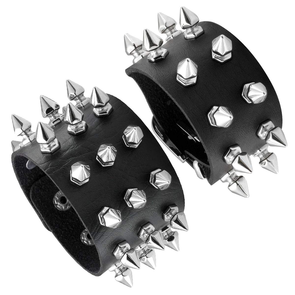 Eigso 2 Pcs Black Pu Leather Punk Spikes Bracelets for Men Women Wide Strap 80s Biker Studded Wristbands for Man Woman
