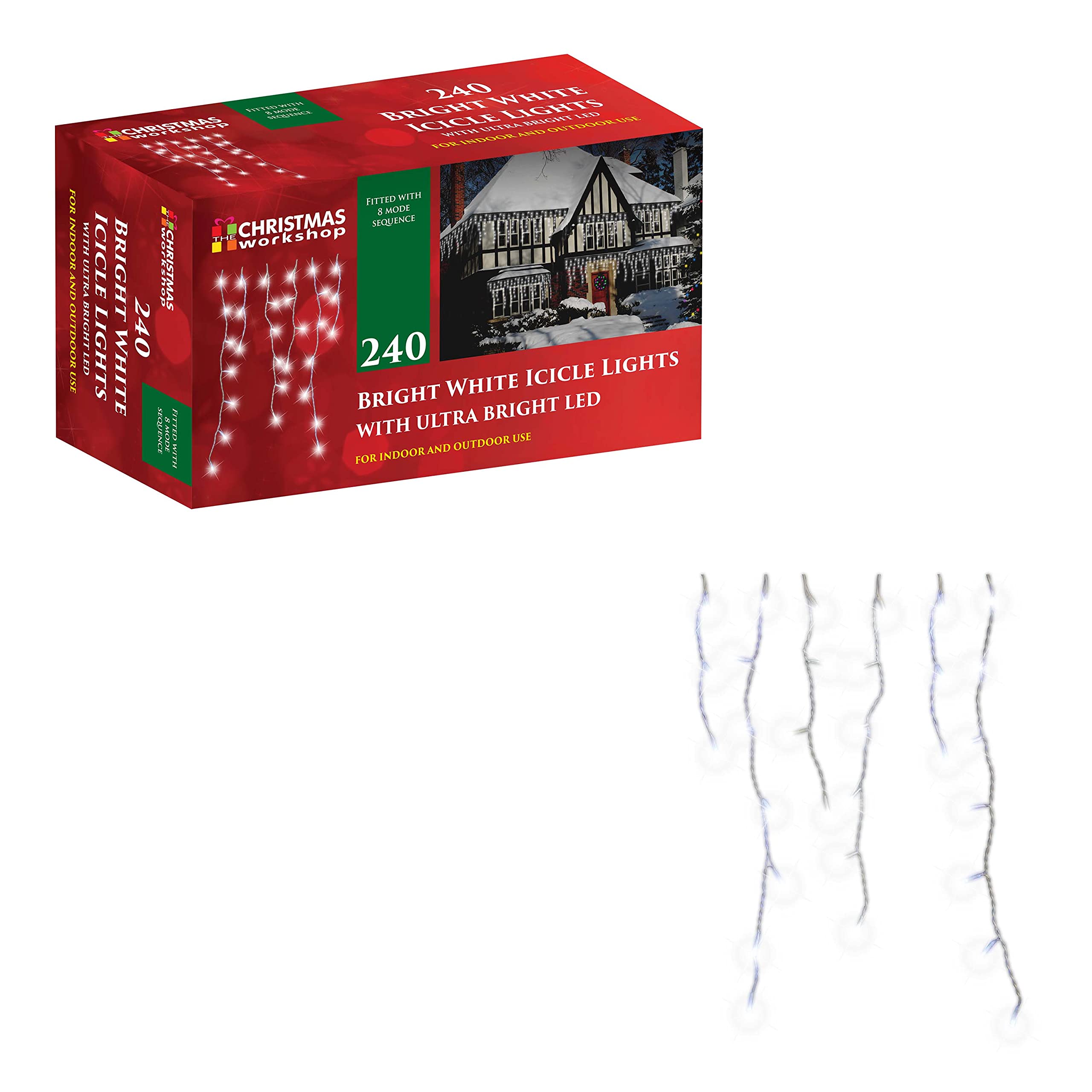 Christmas Workshop 77720 240 Icicle LED Outdoor Christmas Lights | 5.6 Metres | Warm White Colour | Indoor & Outdoor Fairy Lights | Weddings & Gardens | 8 Functions | Mains Powered