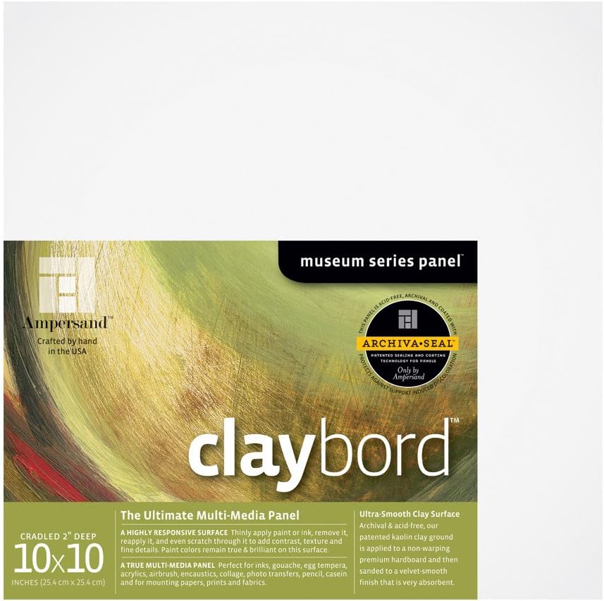 Ampersand Art Supply Wood Painting Panel: Museum Series Claybord, 10" x 10", 2" Cradled Profile