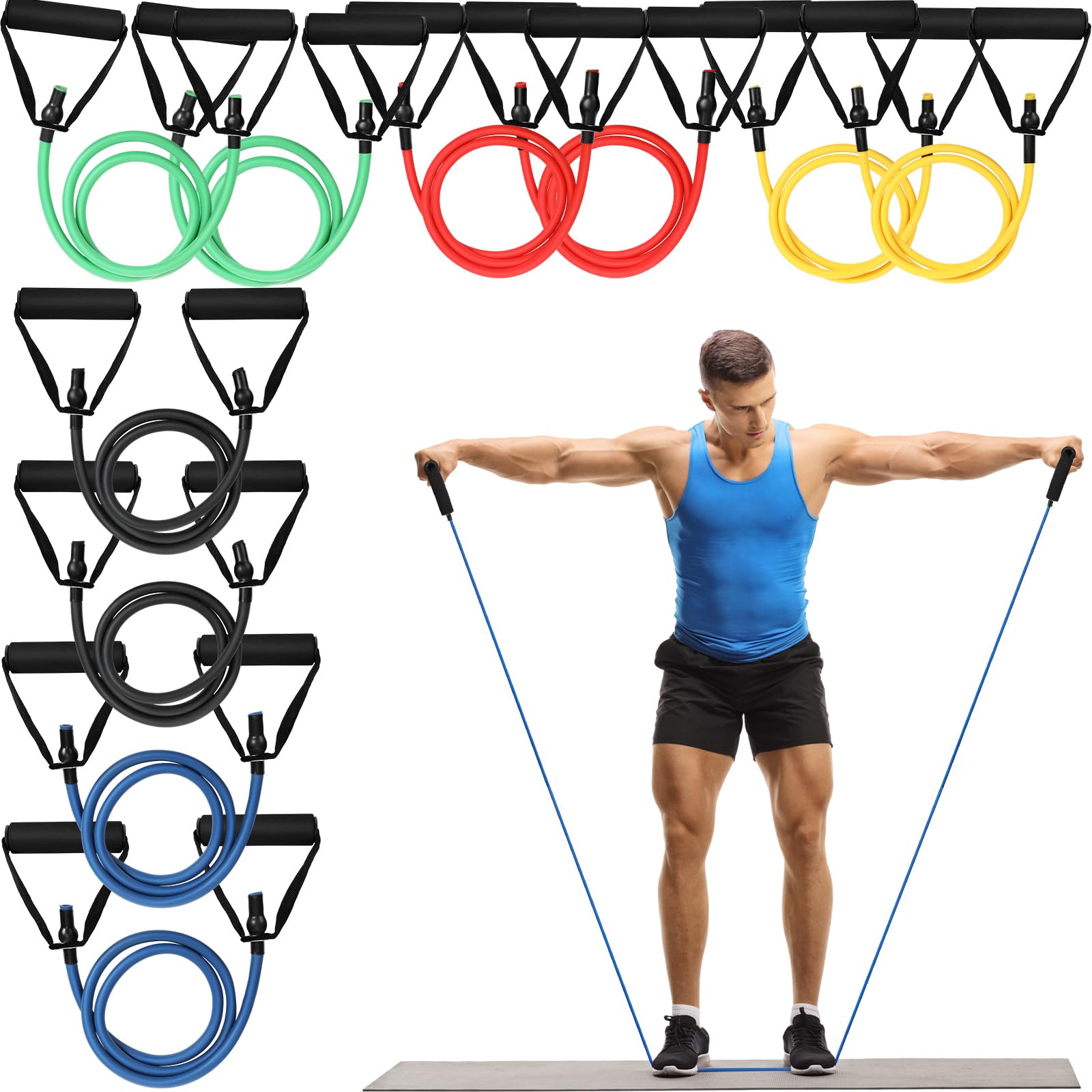 Photo 1 of Shappy 10 Pcs Resistance Bands with Handles Exercise Stretch Bands for Exercise Woman Man Training Physical Therapy Workouts Fitness(Multicolor,5 to 50 Pounds)