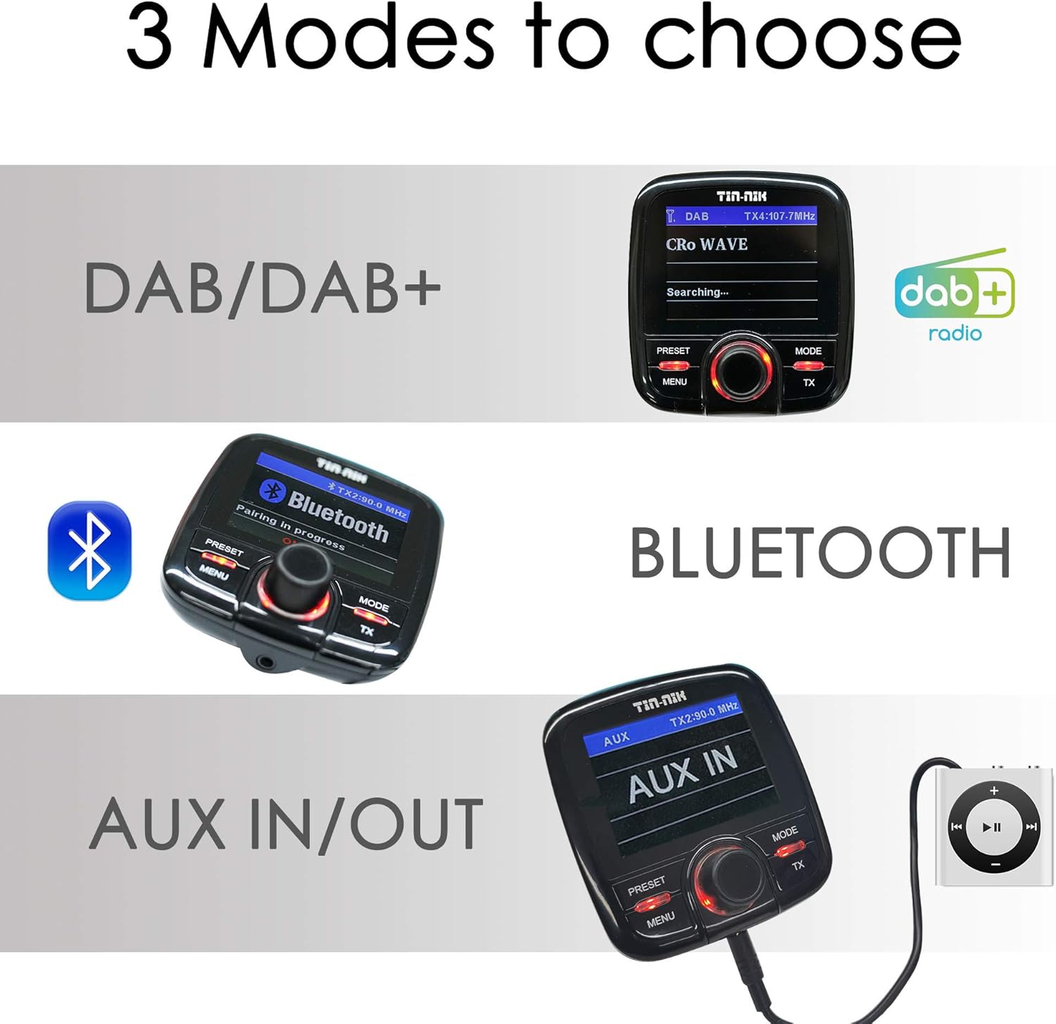 TinNik DAB389 InCar DAB/DAB+ Digital Radio Adapter, 2.4” Colour Display, Smartphone Bluetooth