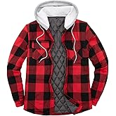 ZENTHACE Men's Quilted Lined Button Down Plaid Flannel Shirt Jacket with Hood