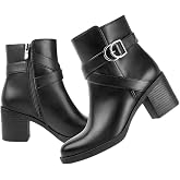 Ankis Women's Zipper Ankle Boots Chunky Stacked Heel Buckle Strap Booties | Comfortable Fall Winter Spring Side Zipper Faux Leather Suede Short Boots Ladies Dress Boots for Daily Wear Office Work