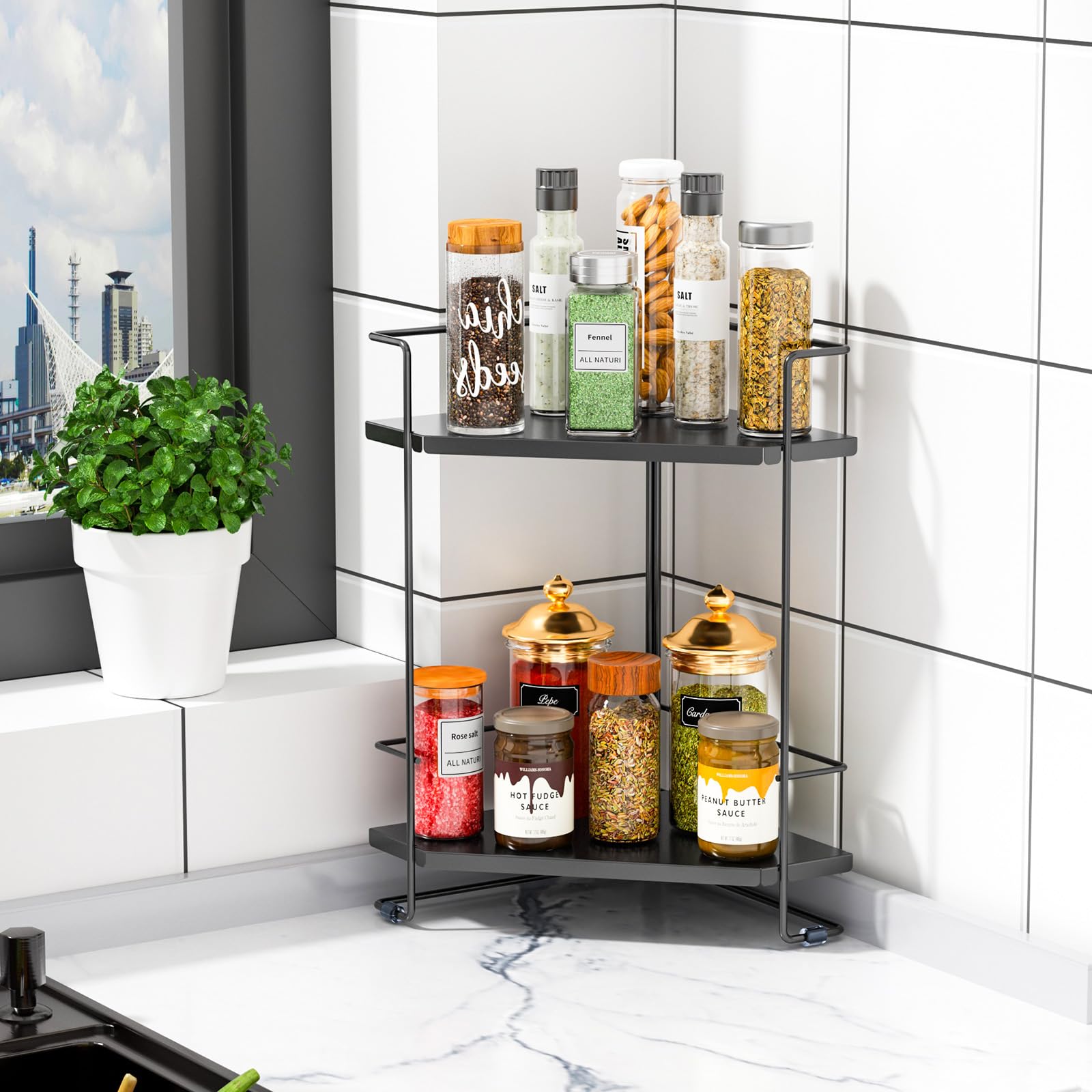 Photo 1 of BOIVSHI Bathroom Organizer Countertop, 2-Tier Bathroom Organizers and Storage for Bathroom Countertop, Kitchen Counter, Corner Storage Shelf for Storage, Skincare, Perfume, Makeup (Black)