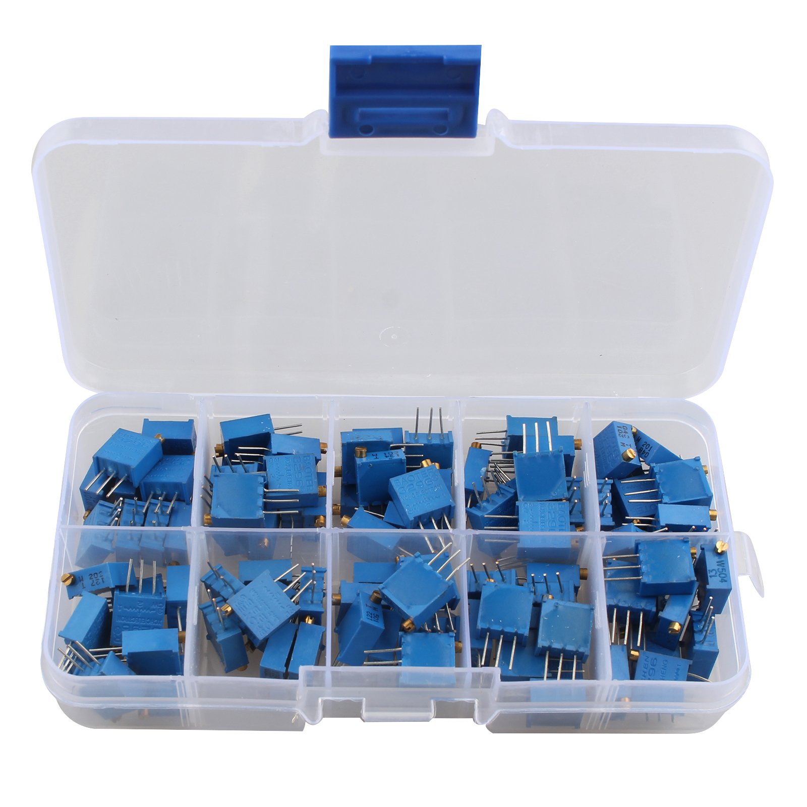 HALJIA 100PCS 10Value Variable Resistor Set 3296W 1/4W 100 Ohm to 500K Ohm Multiturn Trimmer Pot Potentiometer Assortment Kit with Box