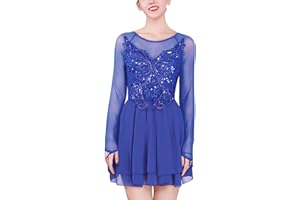 ODASDO Figure Skating Dress for Women Mesh Long Sleeve Criss Cross Back Sequin Bead Chiffon Skirted Leotard Dancewear