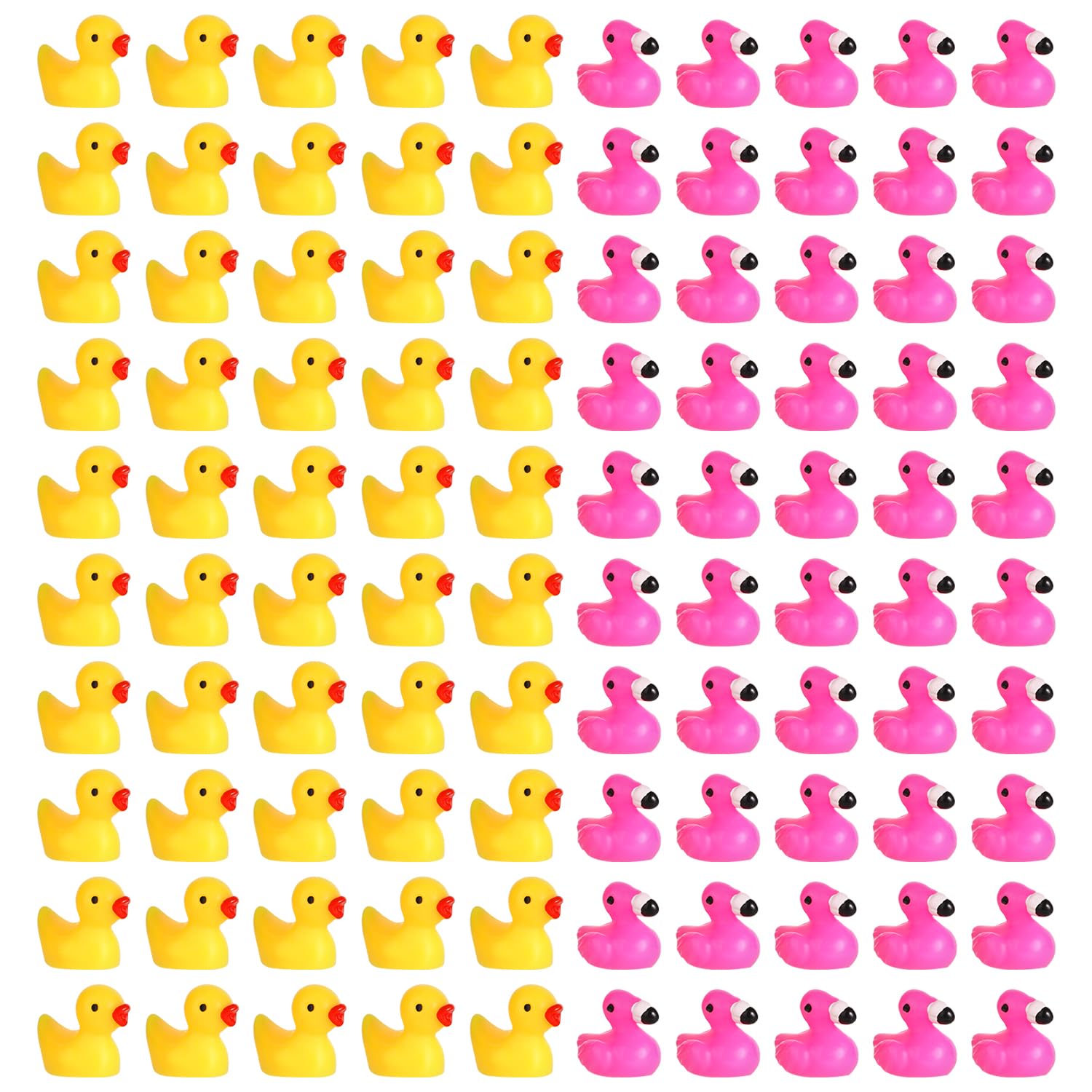 Tiny Rubber Flamingo Ducks, 50pcs Mini Flamingos + 50pcs Mini Resin Toys for Crafts Pink Yellow Plastic Duck Miniature Figures Decorations for Home Landscape Party Dollhouse Ornament