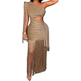 Geulis Womens Sexy Wedding Guest Dress Elegant One Shlouder Fringe Dress Flowy Bodycon Sparkly Glitter Evening Dresses