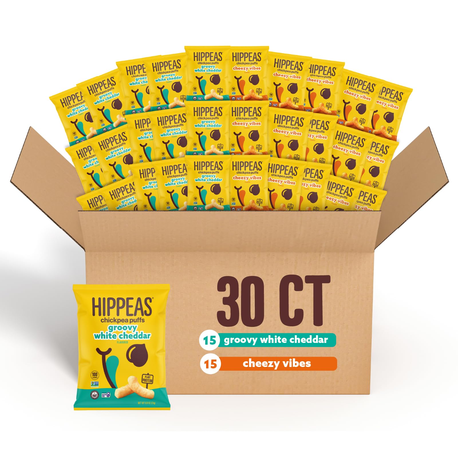 Hippeas Chickpea Puffs, Variety Pack: Vegan White Cheddar, Nacho Vibes, 0.8 Ounce (Pack of 30), 3g Protein, 2g Fiber, Vegan, Gluten-Free, Crunchy, Plant Protein Snacks Image