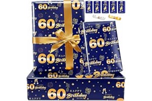 Wrapping Paper 60th Birthday Wrapping Paper for Present Wrap, 50X70cm Recyclable Gift Wrapping Paper for Men Boy,with Ribbon 