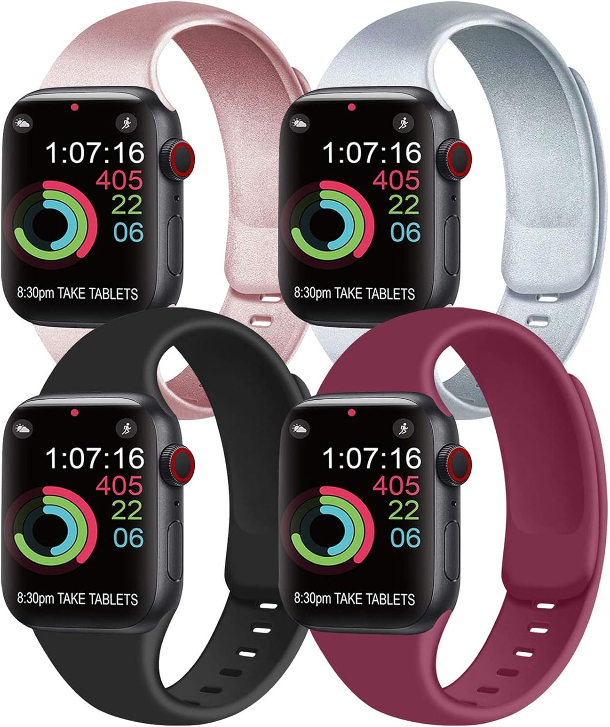 [Pack 4] Compatible with Apple Watch Bands 44mm 42mm for Women Men, Soft Silicone Bands Compatible with iWatch Series 6 5 4 3 2 1 & SE (Rose Gold/Silver/Black/Wine red, 42mm/44mm-M/L)