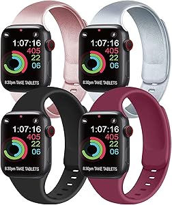 [Pack 4] Compatible with Apple Watch Bands 44mm 42mm for Women Men, Soft Silicone Bands Compatible with iWatch Series 6 5 4 3 2 1 & SE (Rose Gold/Silver/Black/Wine red, 42mm/44mm-M/L)