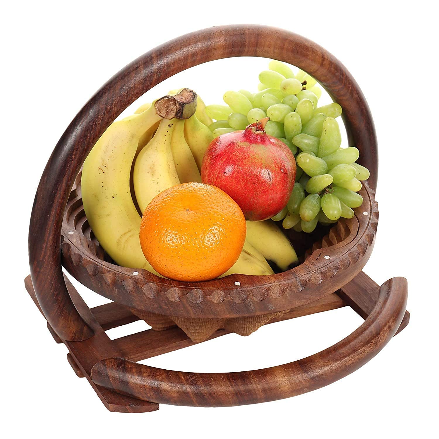 ISKA Wooden Beautiful Fruit Foldable Basket Handcrafted Round Shape