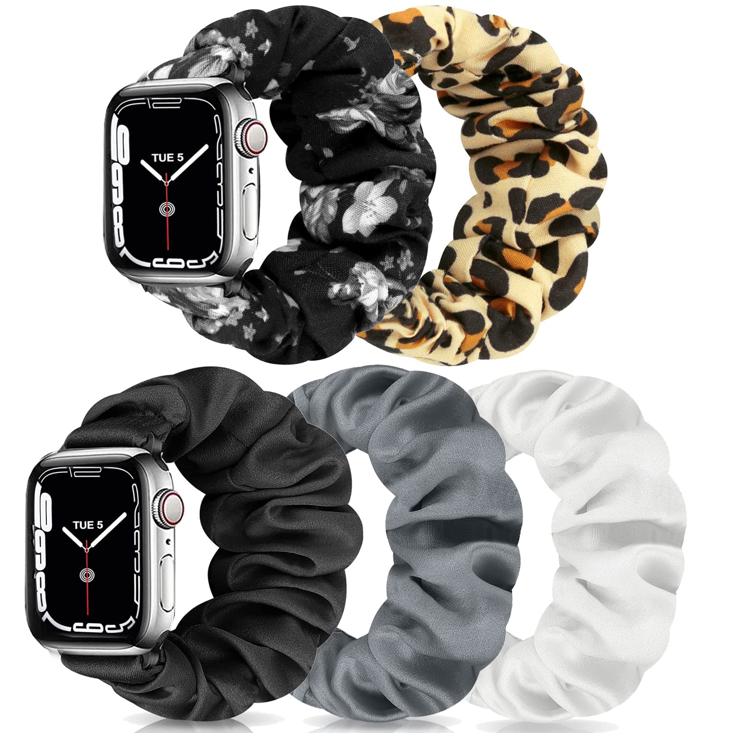 Scrunchie Watch Bands for Women Compatible with Apple Watch 38mm 40mm 41mm 42mm 44mm 45mm, Elastic Scrunchy Replacement Band Soft Stretchy Band For iWatch Series 7/6/5/4/3/2/1/SE (5 Pack A,S-Size) — image 1