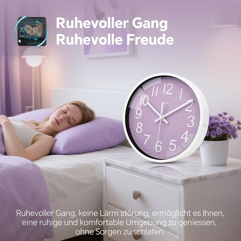 Lila Wanduhr, 20cm kleine geräuscharme batteriebetriebene, Moderne Uhren dekorative für Küche, Wohnzimmer, Schlafzimmer, Badezimmer, Büro — Foto 5 von 7