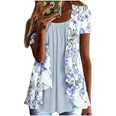 Women Summer Plus Size Short Sleeve Tops Fake Two Piece Loose Pleated Layered Blouse Shirt Hide Belly Tunic Tops