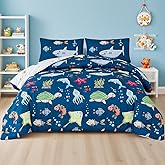 WINLIFE Kids Comforter Set for Boys Twin Size Ocean Themed Bedding Set Sea Creature Shark Printed Soft Lightweight Reversible Teen Boy Comforter Sets (3-Pieces, Navy Blue)