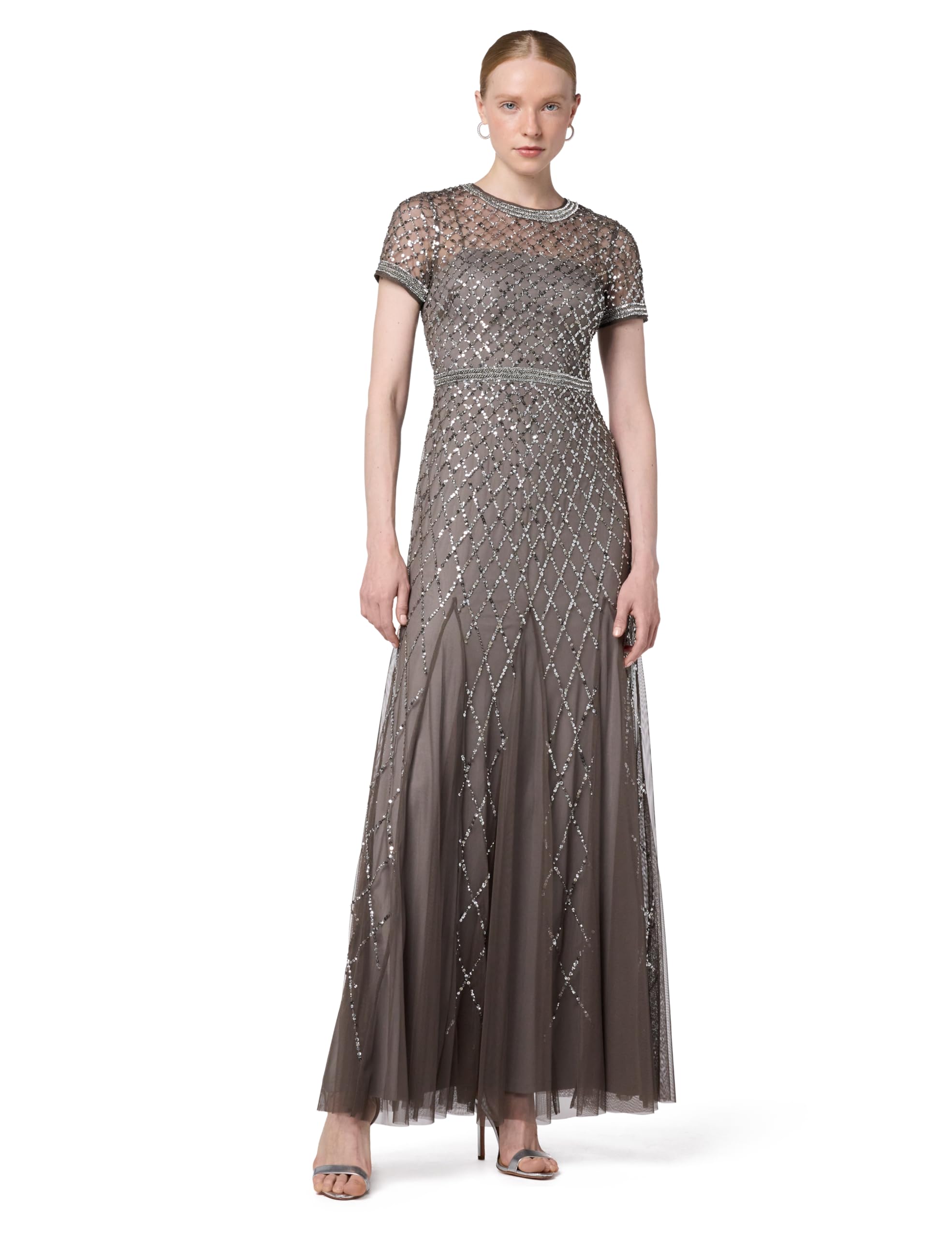 Adrianna Papell Women’s Short Sleeve Beaded Mesh Gown, Lead, 16