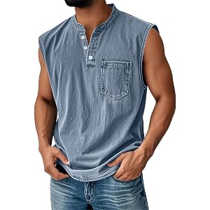 Men's Sleeveless Shirts V Neck Breathable Shirts Casual Summer Lightweight Pocket Top Button Up Solid Stretchable Top