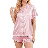 Brezzistaxs Women's Comfy Satin Pajamas - Soft Button-Up Shirt & Ruffled Adjustable Drawstring Shorts - Elegant Sliky Pjs