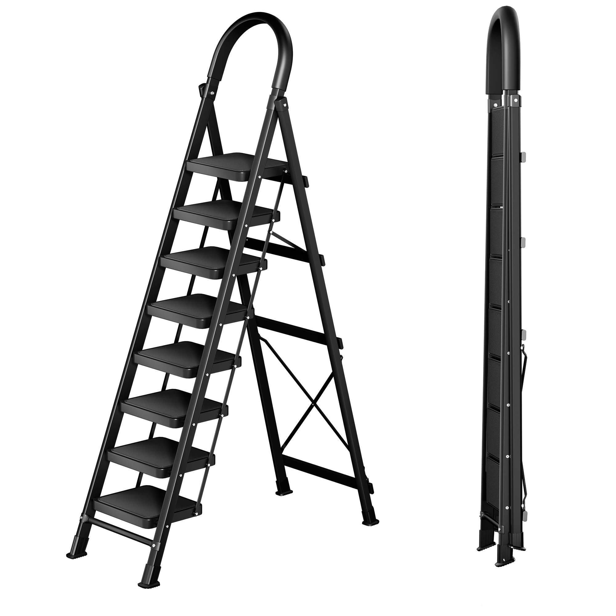 Photo 1 of **HAS SOME DAMAGE**
8 Step Ladder with Handrails, 330LBs Capacity Folding Step Stool with Anti-Slip Wide Pedals - Perfect for 12ft High Ceilings, Home Kitchen Pantry Office Use, Black