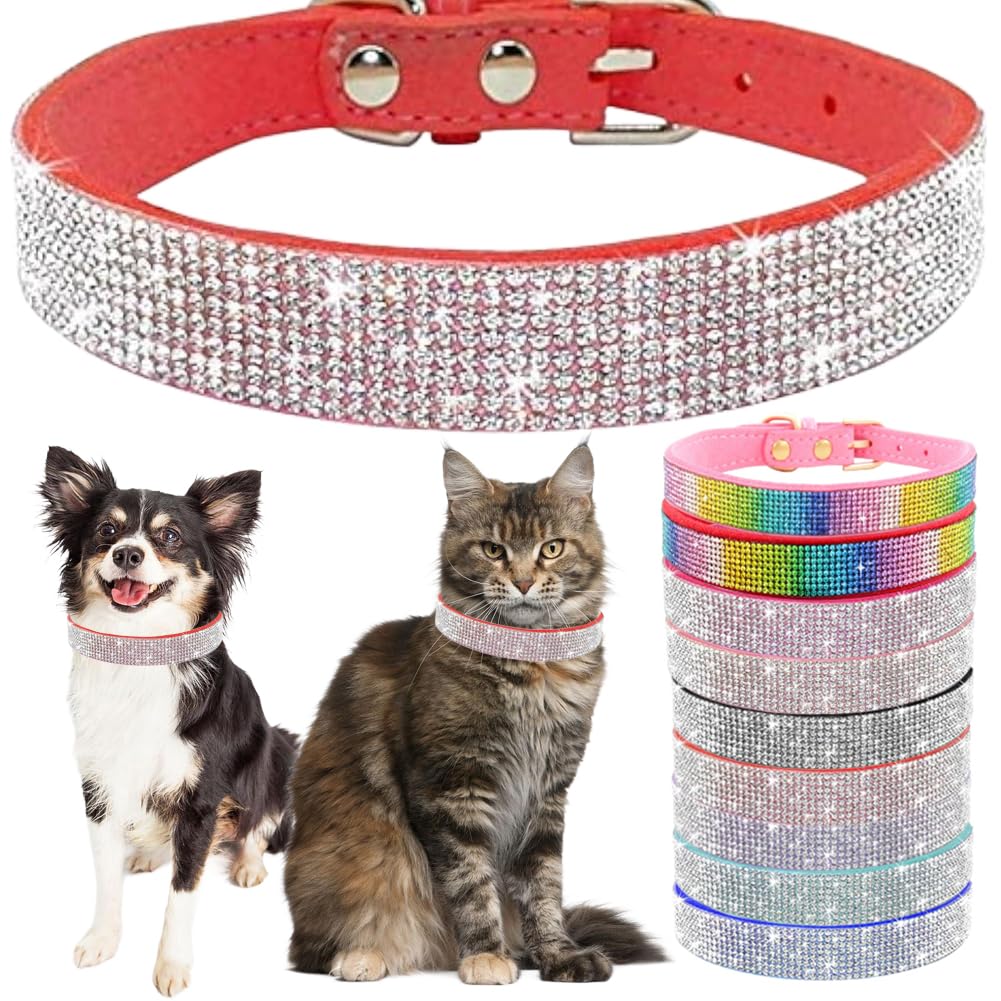 Bling Diamante Dog Collar, Rhinestone Puppy Collars sparkly Glitter Diamond Crystal Small Dog Collar Adjustable for Girls Female XXSmall Small Medium Large Dogs (Size S,Red)