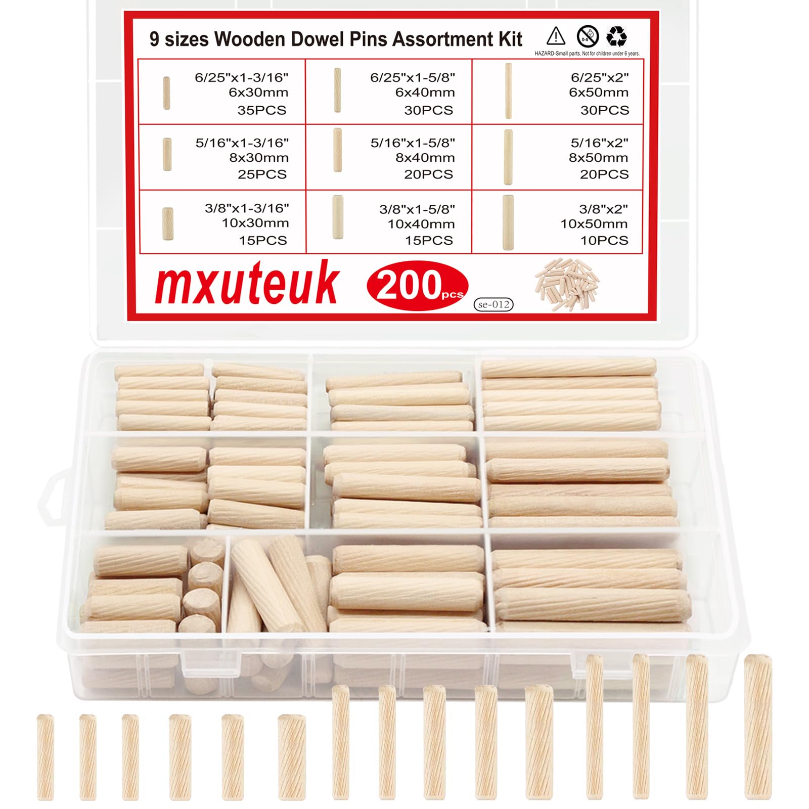 mxuteuk 200Pcs Wooden Dowel Pins with Tapered End with Bevel Angle Groove Wood Pegs - 9 Sizes 6/25inch 5/16inch 3/8inch(6mm, 8mm, 10mm) Used for Crafts, Furniture, Door, DIY