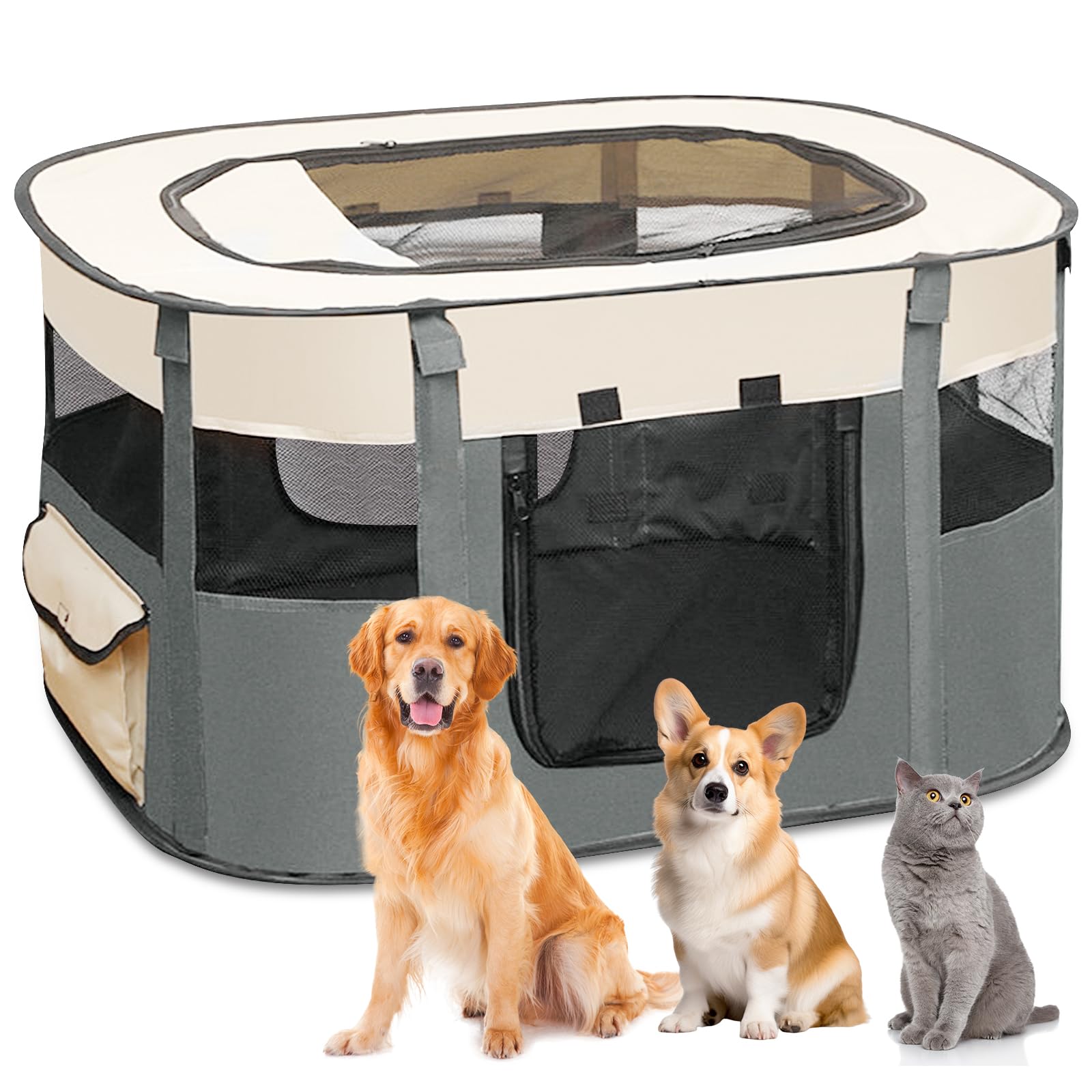 MeYuxg Foldable Dog Fences, Puppy Playpen, Portable Playpen for Puppies, Kittens, Rabbits, L (Grey) 90 x 70 x 58 cm