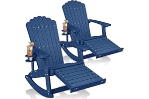 ZHUSI Adirondack Rocking Chair Outdoor with Retractable Ottoman and Cup Holder, HDPE Oversized Patio Rocking Chairs with Footrest, Wood-Like Porch Rocker for Backyard, Garden (Navy, 2 PCS)