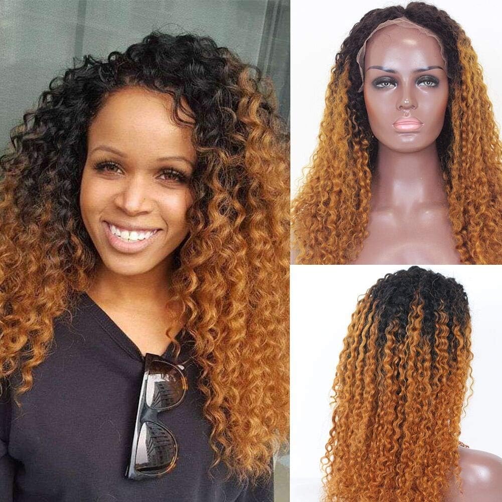 1B/30 Curly Human Hair Wig with Baby Hair Brown Wigs for Black Women Ombre Lace Front Wig Human Hair Glueless Curly Wig (16" Lace Front Wig)