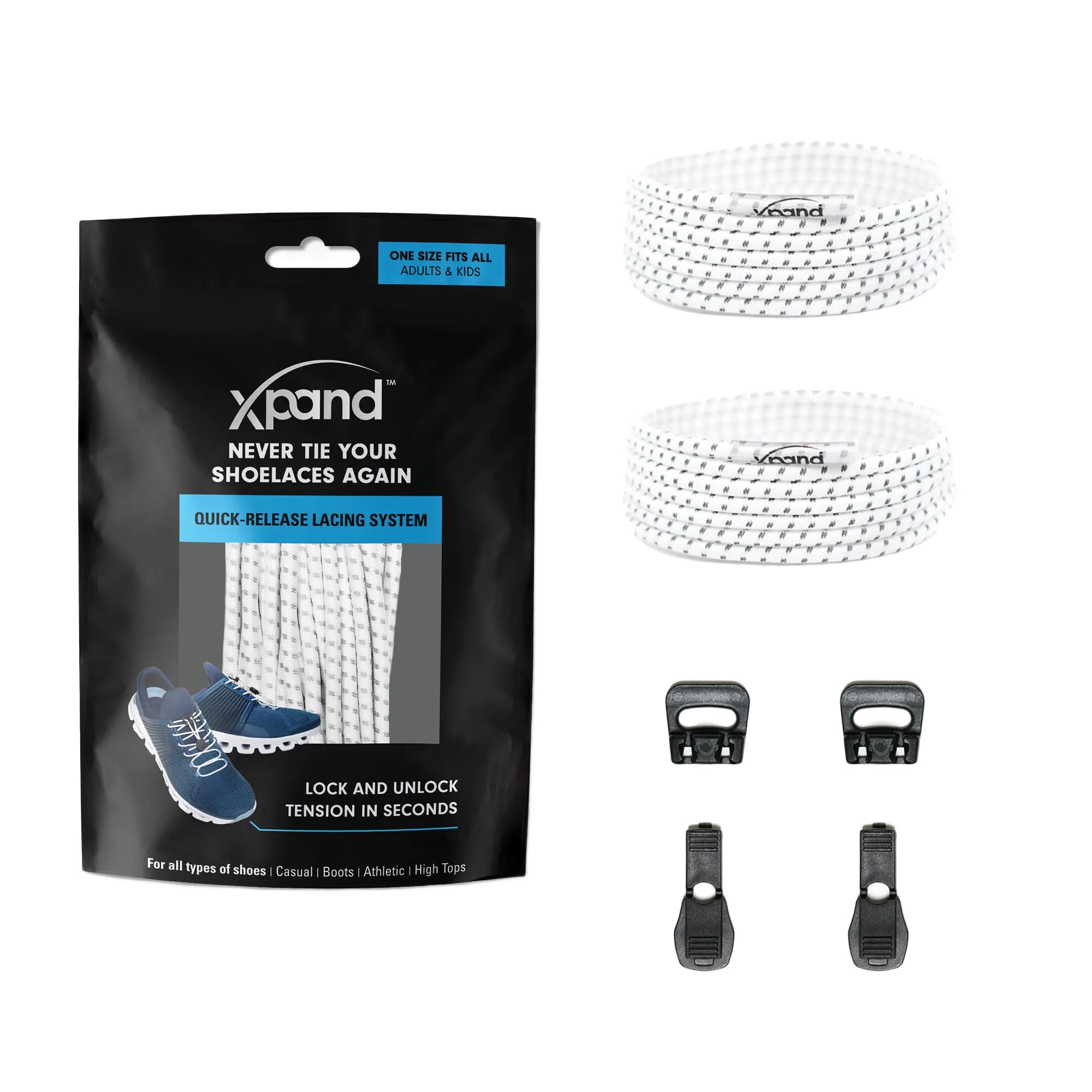 Xpand Elastic No Tie Round Shoelaces - Quick Release Tension Control - One Size Fits All Adult and Kids Shoes (White Reflective)