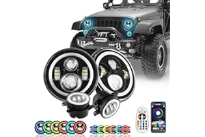 SUNPIE 7 inch RGBW Halo Head light Fog Lights Combo IP67 Waterproof APP/Remote Control for 2007-2018 JK/JKU, 1997-2006 TJ, 2004-2006 LJ, 76-86 CJ