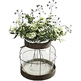 Toyosport Iron Art Glass Vintage Vase, 6.3 x 6.3 in Farmhouse Vase with Artificial Eucalyptus, Rustic Lantern Decor with Metal Handle, Tabletop Centerpiece