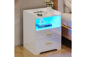 SKKTKT Night Stand with Charging Station, RGB LED Nightstand with Body Sensor Light, Modern Bedside Table with 24 Color Changing & Drawers, High Gloss End Table Bed Side Table for Bedroom (White)