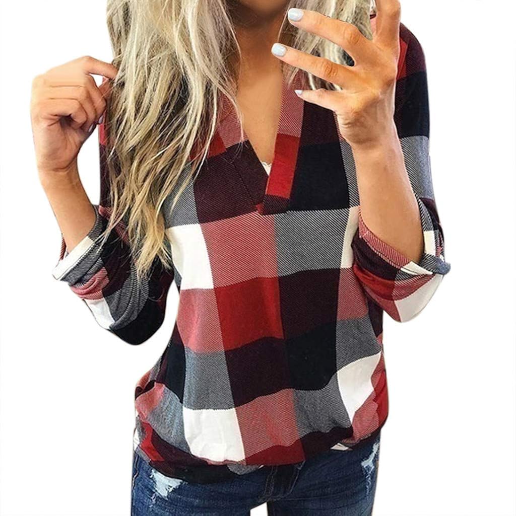 FORUU womens Tops&Tee Women's Zip Plaid Polo Blouse Tops