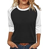 Heymiss Womens Tops 3/4 Sleeve Shirts Round Neck Loose Casual Tshirts Color Block Summer Tees