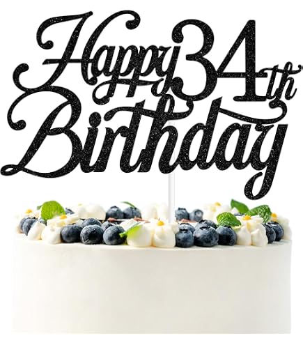 Decorazione Per Torta Happy 34th Birthday: Topper Glitterato Oro E Nero Per Compleanno 34 Anni O Anniversario, Cartoncino Con Stuzzicadenti