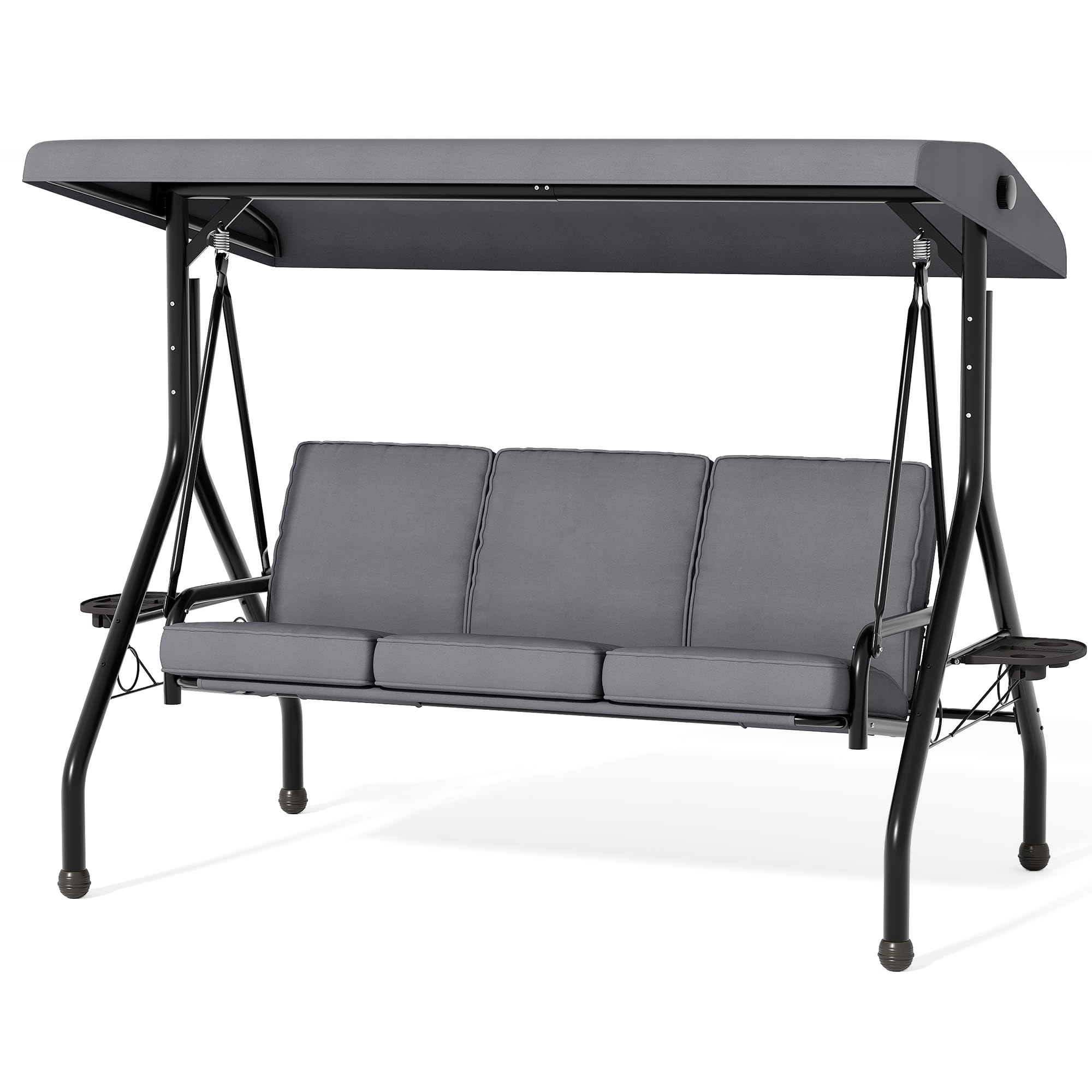 Photo 1 of ***MISSING ASSEMBLY HARDWARE*** 3 Seat Outdoor Porch Swing with Stand, Patio Swing with Adjustable Canopy, Thickened Removable Cushions ? Cup Holders, Outdoor Swings for Adults for Backyard, Porch, Garden-Grey