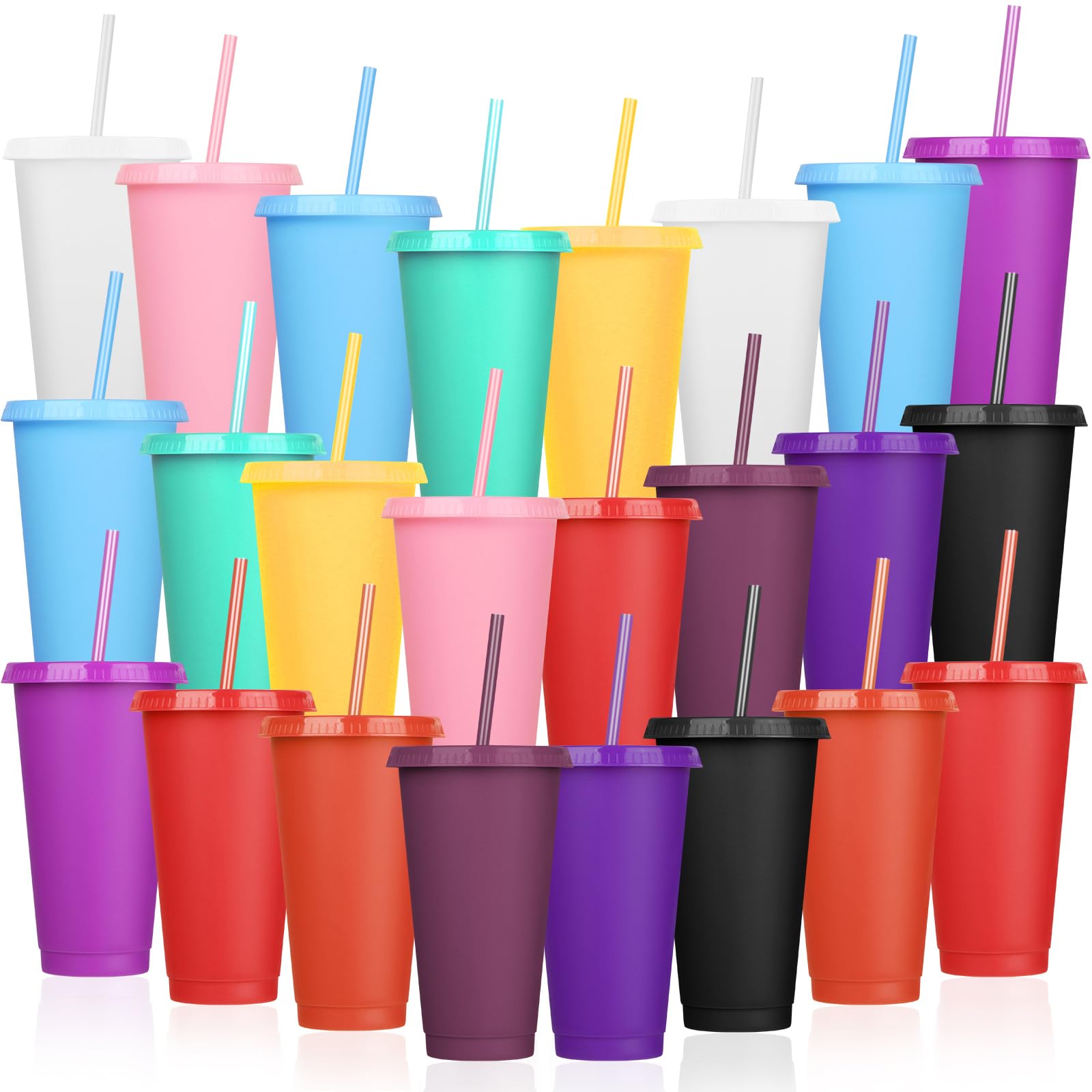 Photo 1 of 24 Pack Plastic Tumblers with Lids and Straw, Reusable Cups with Lids and Straws Colorful Cups for Cold Drink Iced Coffee, Plastic Tumbler Bulk for Party Birthday Gifts (24 oz, Stylish Colors)