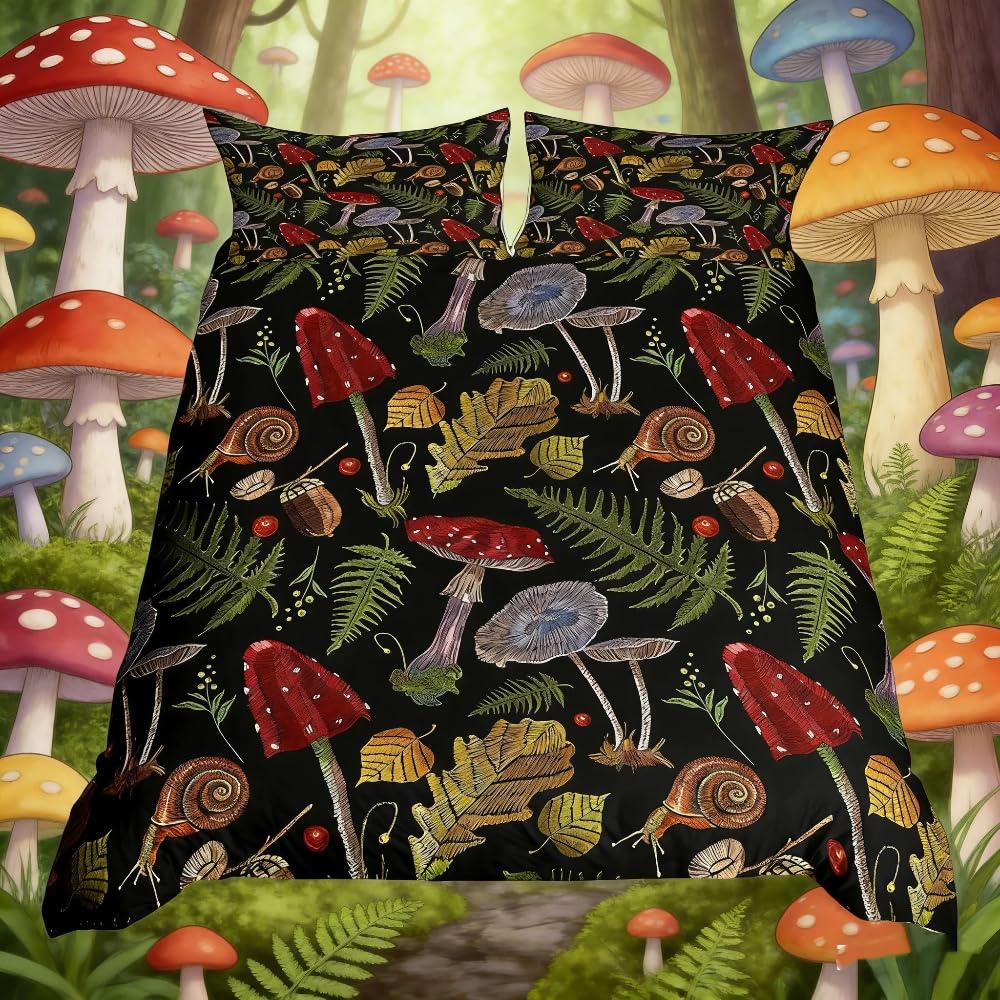 Loussiesd Kids Mushroom Bedding Set Mushrooms Snail Leaf Duvet Cover for Boys Girls Teens Bedroom Nature Botanical Animal Comforter Cover Wild Plants Bedding & Linen Single Size
